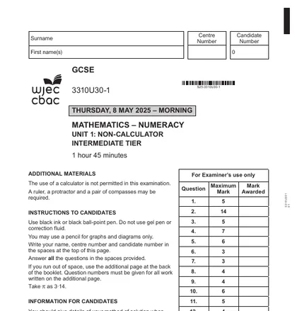 WJEC GCSE Maths June 2025, Intermediate, Numeracy, Unit 1: Non-calculator, front cover