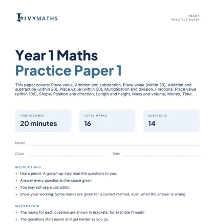 Ivy Maths Practice Paper, Year 1, Paper 1, front cover