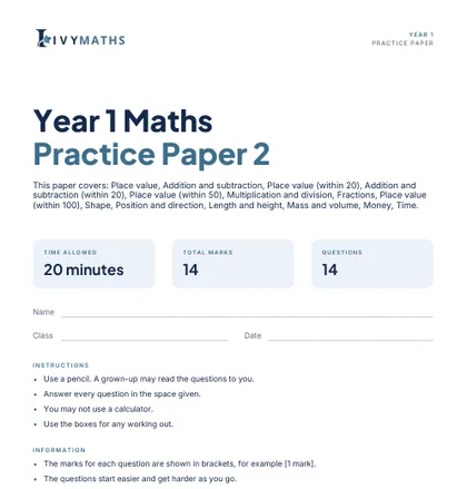 Ivy Maths Practice Paper, Year 1, Paper 2, front cover
