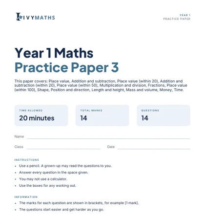 Ivy Maths Practice Paper, Year 1, Paper 3, front cover