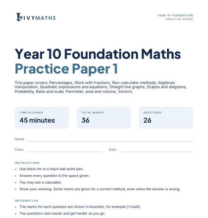 Ivy Maths Practice Paper, Year 10 Foundation, Paper 1, front cover