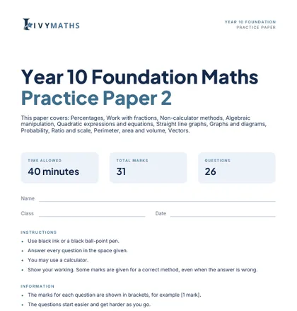 Ivy Maths Practice Paper, Year 10 Foundation, Paper 2, front cover