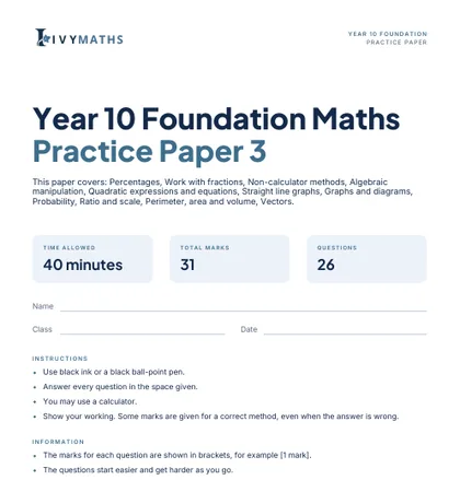 Ivy Maths Practice Paper, Year 10 Foundation, Paper 3, front cover