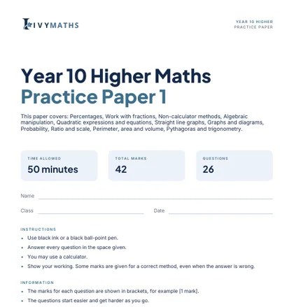 Ivy Maths Practice Paper, Year 10 Higher, Paper 1, front cover