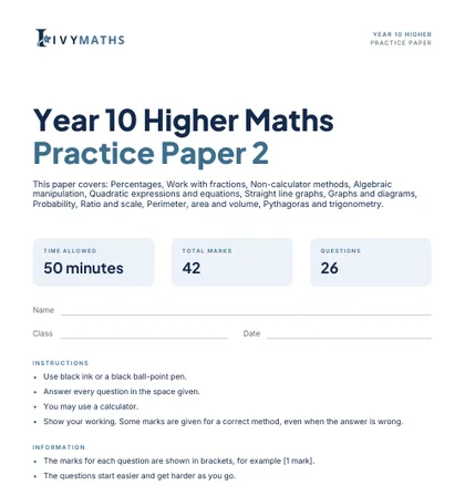 Ivy Maths Practice Paper, Year 10 Higher, Paper 2, front cover
