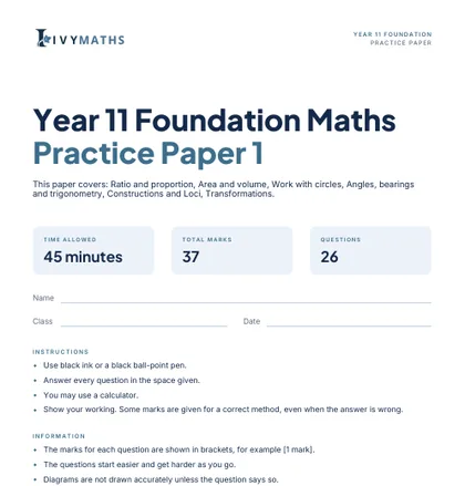 Ivy Maths Practice Paper, Year 11 Foundation, Paper 1, front cover