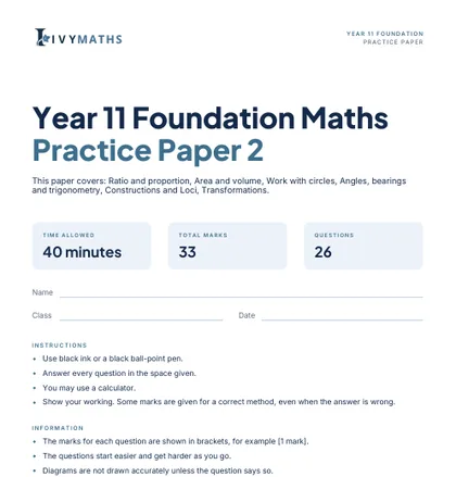 Ivy Maths Practice Paper, Year 11 Foundation, Paper 2, front cover