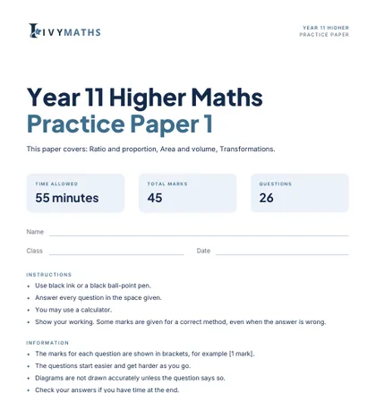 Ivy Maths Practice Paper, Year 11 Higher, Paper 1, front cover