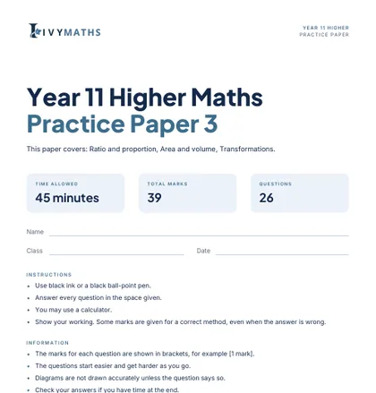 Ivy Maths Practice Paper, Year 11 Higher, Paper 3, front cover