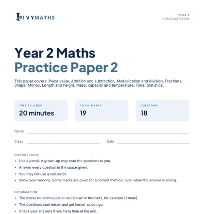 Ivy Maths Practice Paper, Year 2, Paper 2, front cover