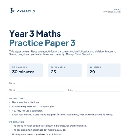 Ivy Maths Practice Paper, Year 3, Paper 3, front cover