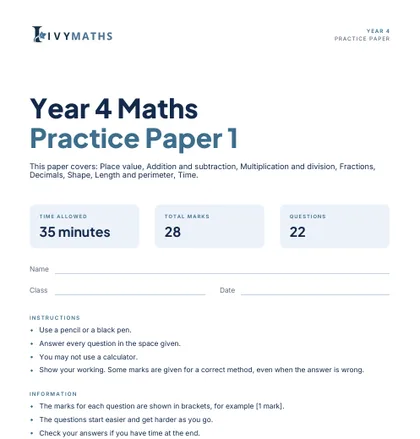 Ivy Maths Practice Paper, Year 4, Paper 1, front cover