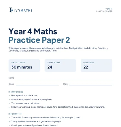 Ivy Maths Practice Paper, Year 4, Paper 2, front cover