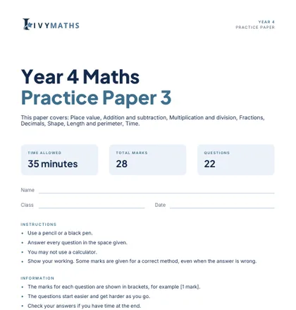 Ivy Maths Practice Paper, Year 4, Paper 3, front cover