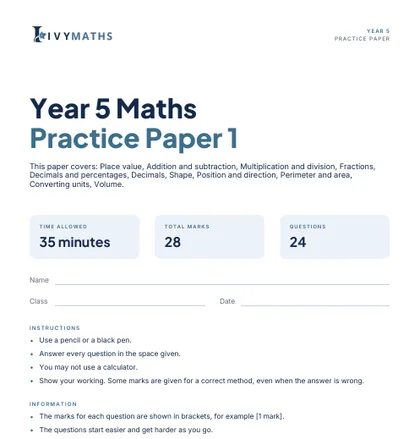 Ivy Maths Practice Paper, Year 5, Paper 1, front cover