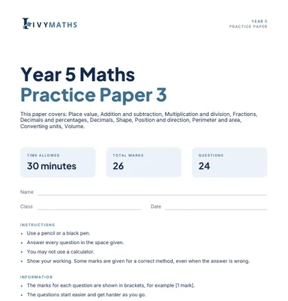 Ivy Maths Practice Paper, Year 5, Paper 3, front cover