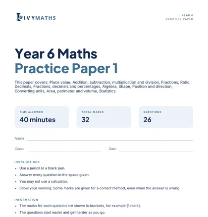 Ivy Maths Practice Paper, Year 6, Paper 1, front cover