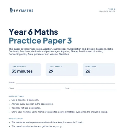 Ivy Maths Practice Paper, Year 6, Paper 3, front cover