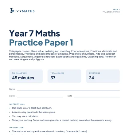 Ivy Maths Practice Paper, Year 7, Paper 1, front cover