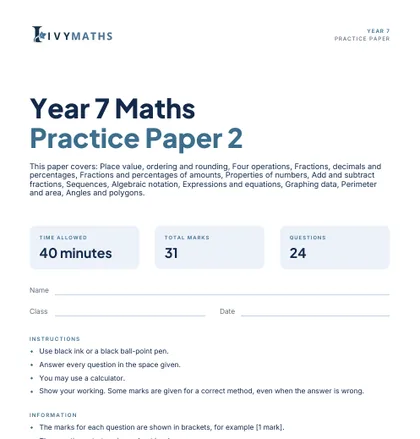 Ivy Maths Practice Paper, Year 7, Paper 2, front cover