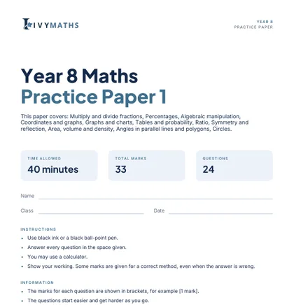 Ivy Maths Practice Paper, Year 8, Paper 1, front cover