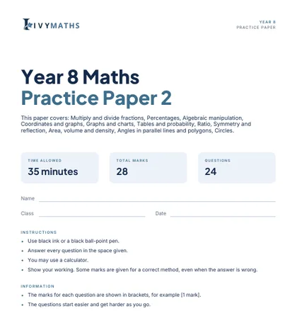 Ivy Maths Practice Paper, Year 8, Paper 2, front cover