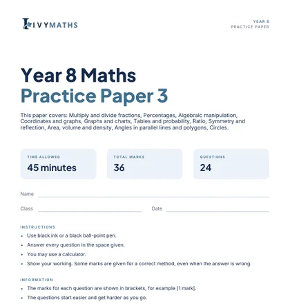 Ivy Maths Practice Paper, Year 8, Paper 3, front cover
