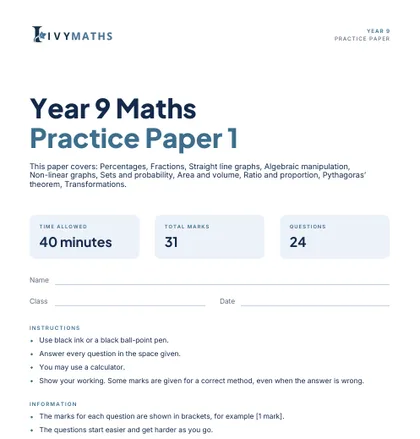 Ivy Maths Practice Paper, Year 9, Paper 1, front cover