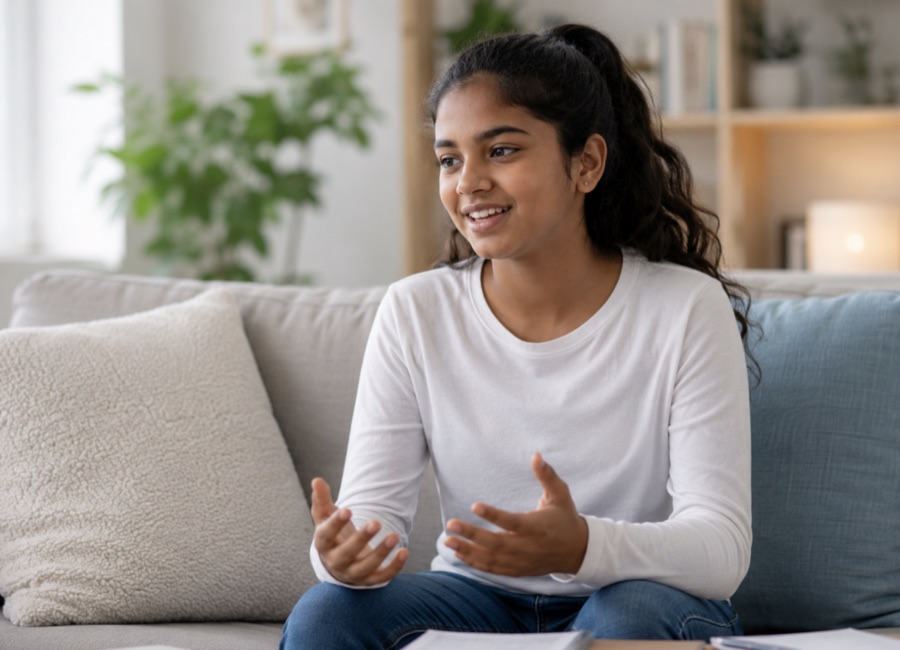 A student talking through her maths at home