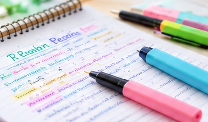 Revision notes highlighted in pink, green and blue with highlighter pens across the page