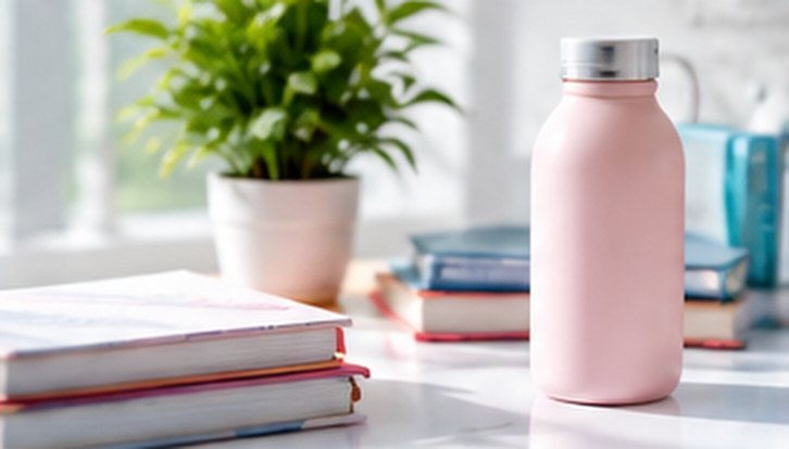 A tidy desk with books, a water bottle and a small plant
