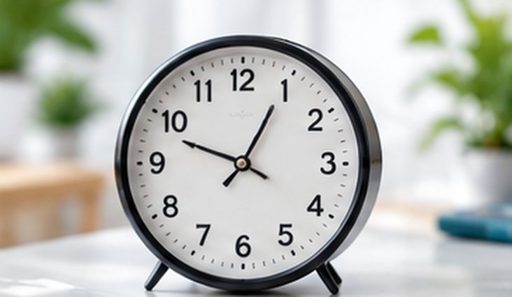 A black and white alarm clock on a desk beside a small stack of books