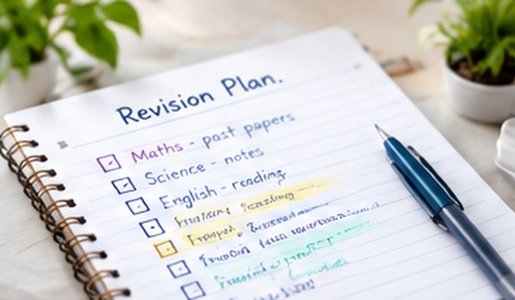 A spiral notebook open at a handwritten revision plan with ticked boxes and a blue pen