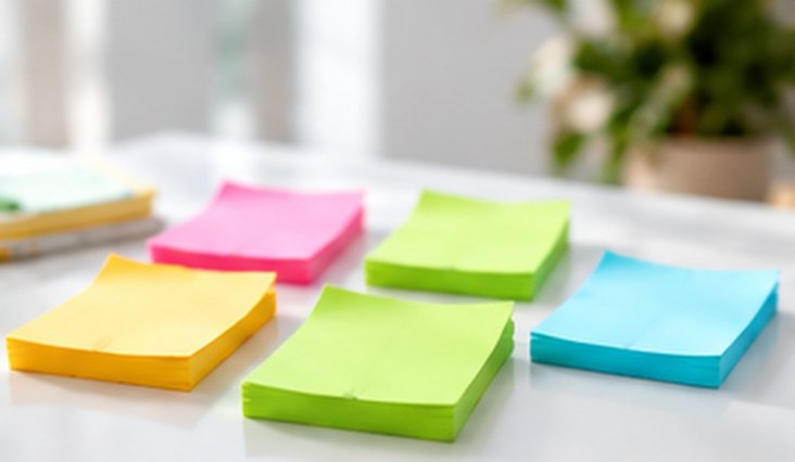 Pink, yellow, green and blue sticky notes laid out on a white desk