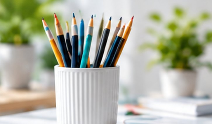 Coloured pencils in a white ribbed pot beside a stack of books