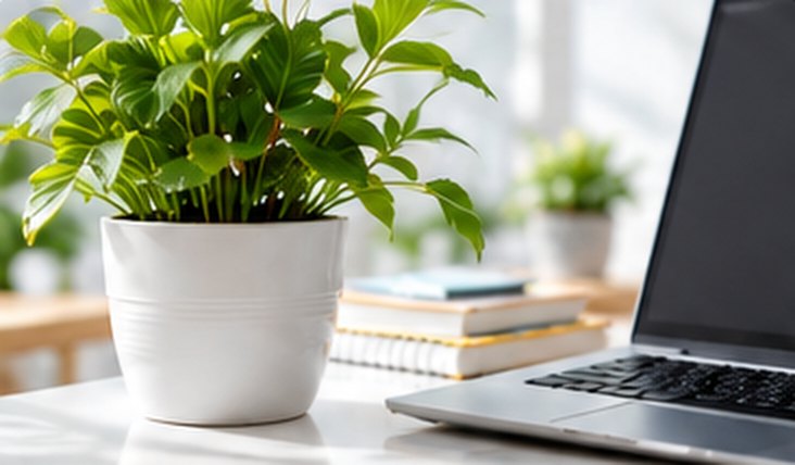 A potted plant beside an open laptop and a stack of papers on a desk