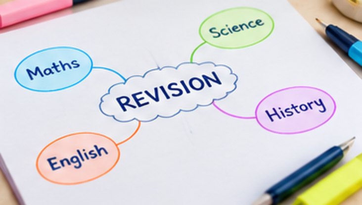 A mind map with Revision in the middle, linked to Maths, Science, English and History