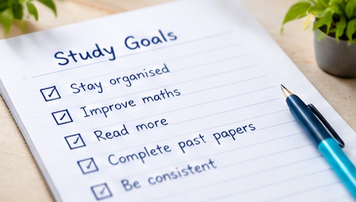 A notebook page of study goals, each with a ticked box, and a pen