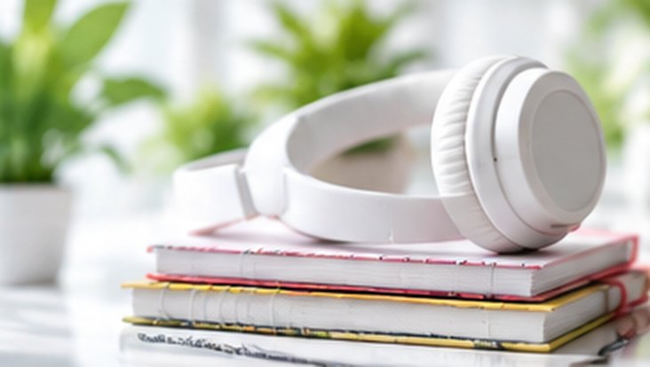 White headphones resting on a stack of notebooks