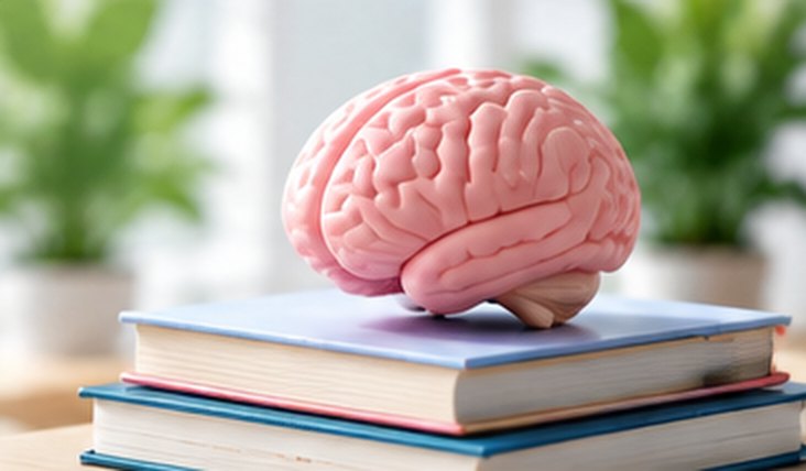 A model of a brain resting on a stack of books